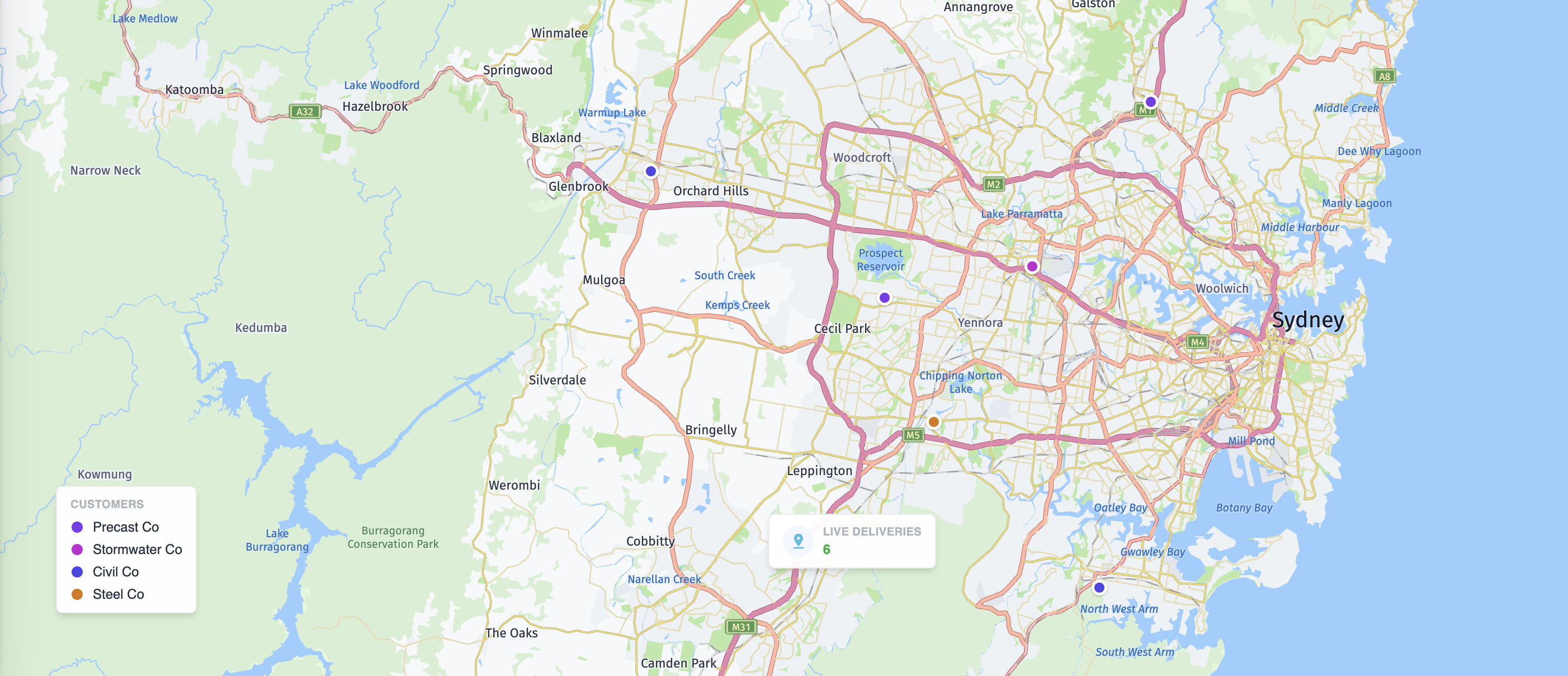 SimpleRuns dashboard — live deliveries, drivers and vehicles on a map of Sydney