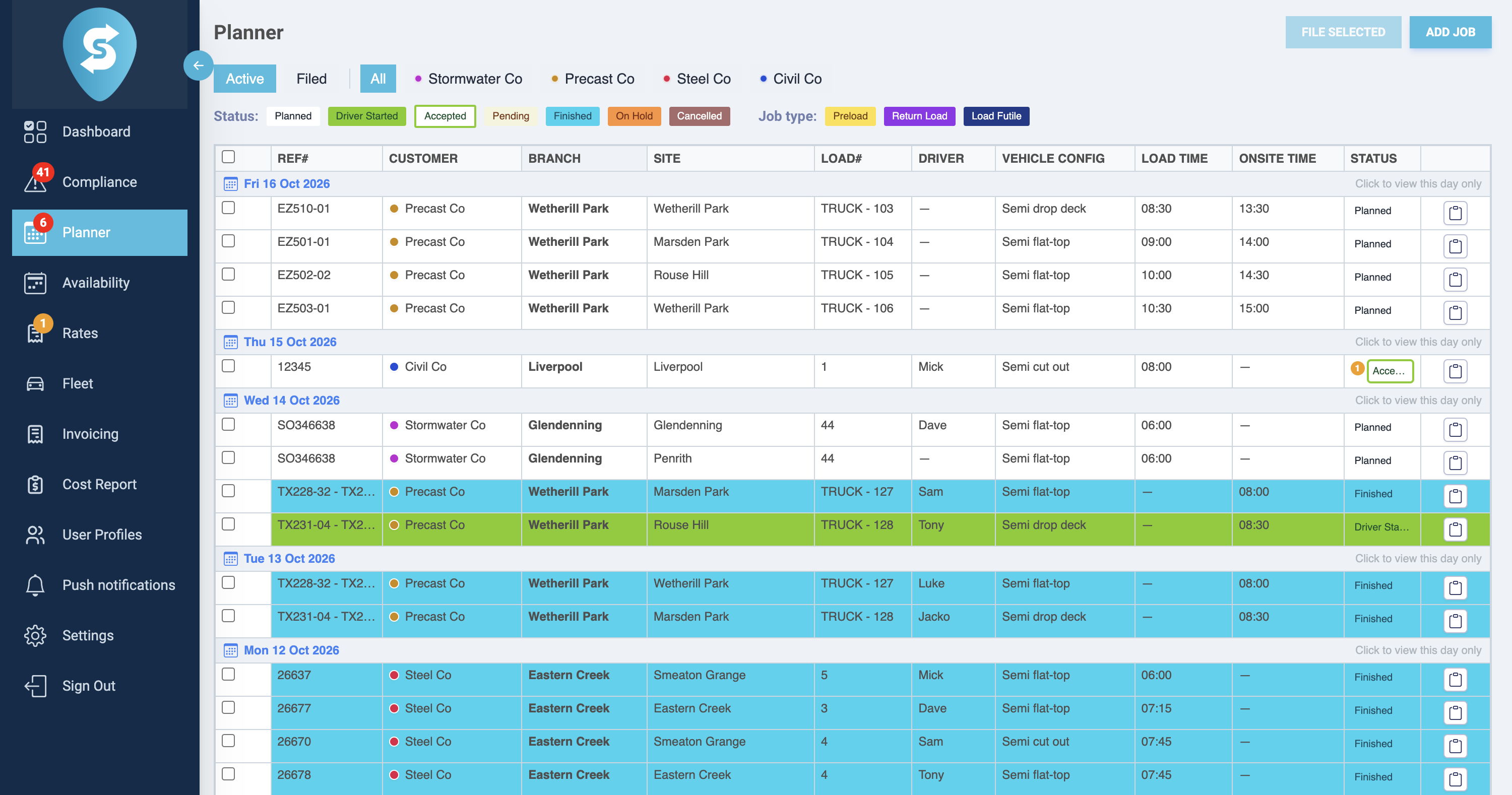 SimpleRuns planner — jobs by day with customer, site, driver, vehicle and load time